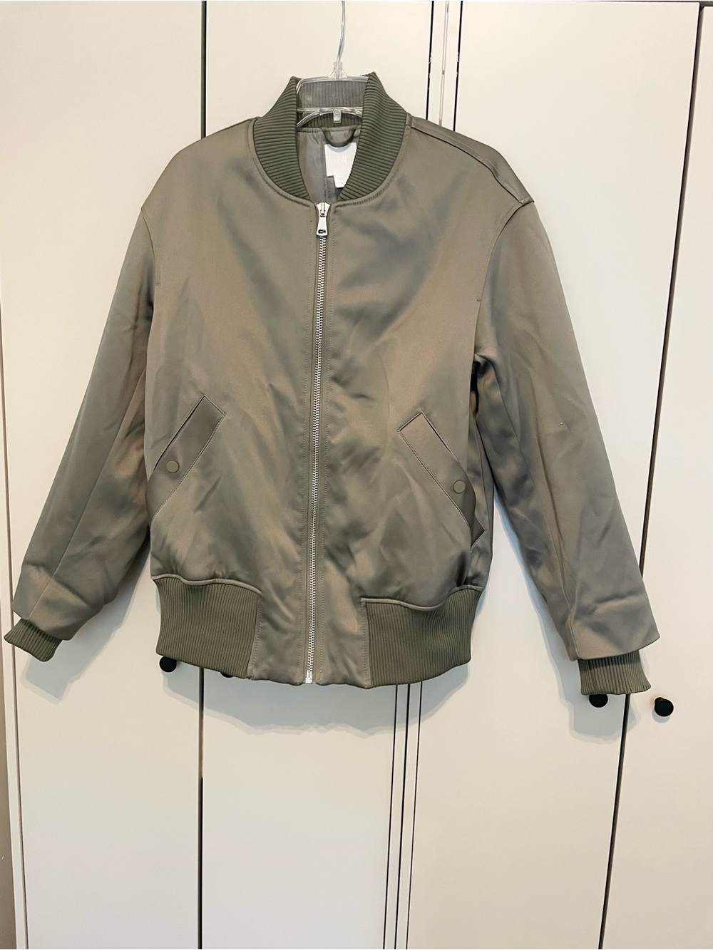 H&M sage green, oversized satin effect zip up jacket sz XS (fits like a M/L)